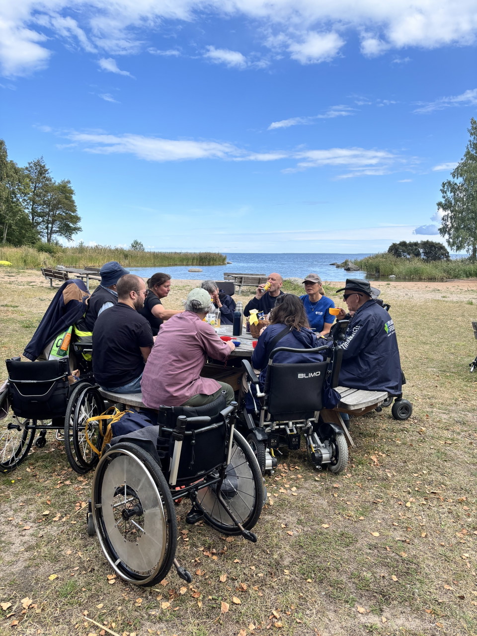 Ett bord utomhus med många personer runt, några använder rullstol.