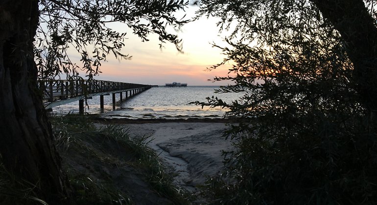 Bjärreds saltsjöbad med utsikt över Långa bryggan i solnedgång.