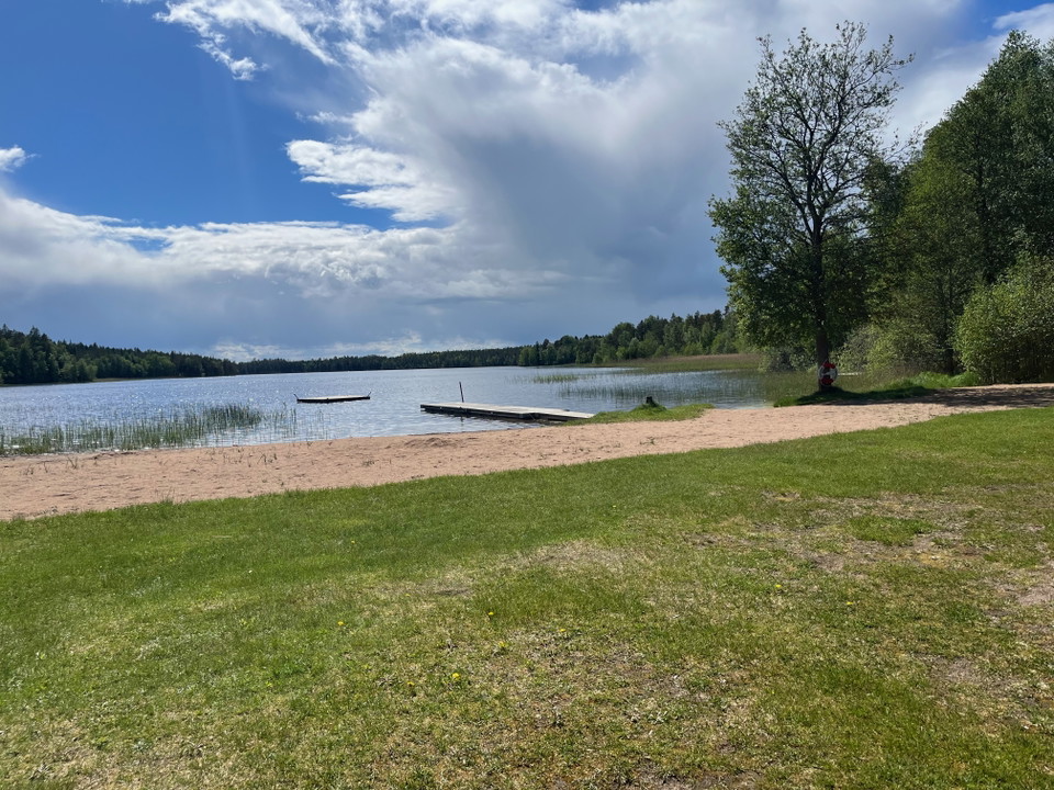 En gräsyta och sandstrand intill en sjö.