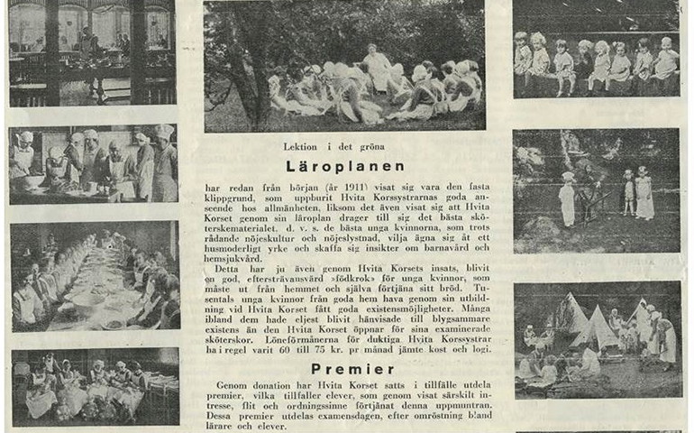 Ett tidningsutklipp med bilder och text om läroplan och premier till de som studerar till sköterskor.