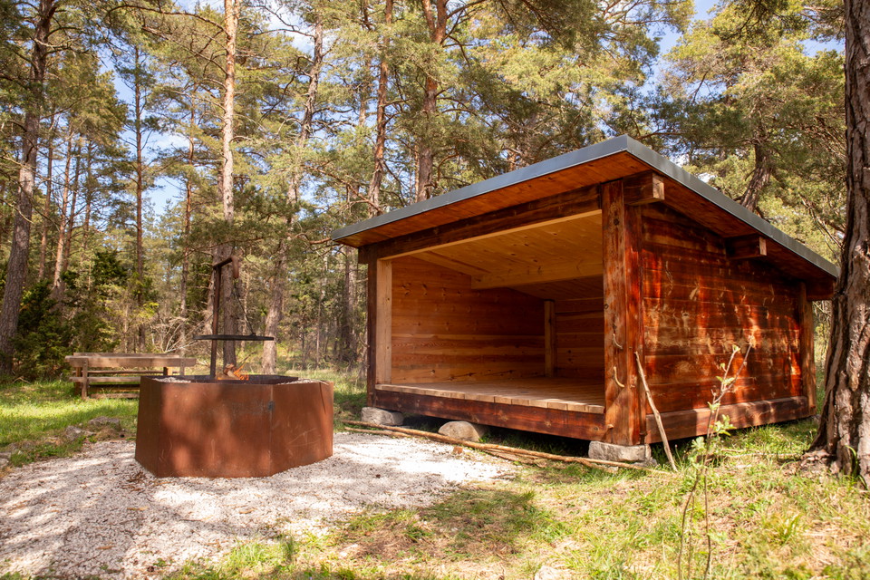 Ett vindskydd i trä med grillplats framför i skogsmiljö.