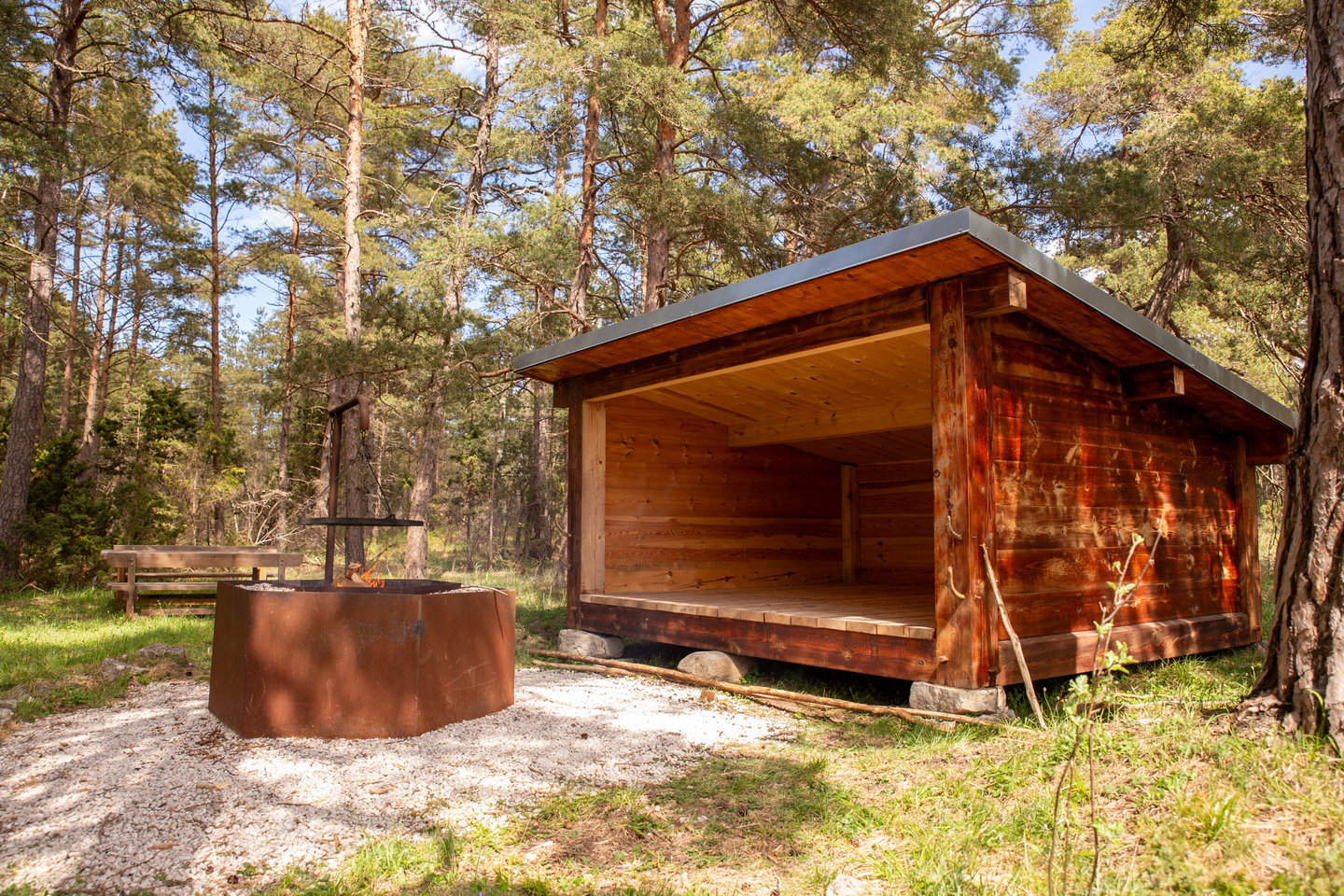 Ett vindskydd i trä med grillplats framför i skogsmiljö.