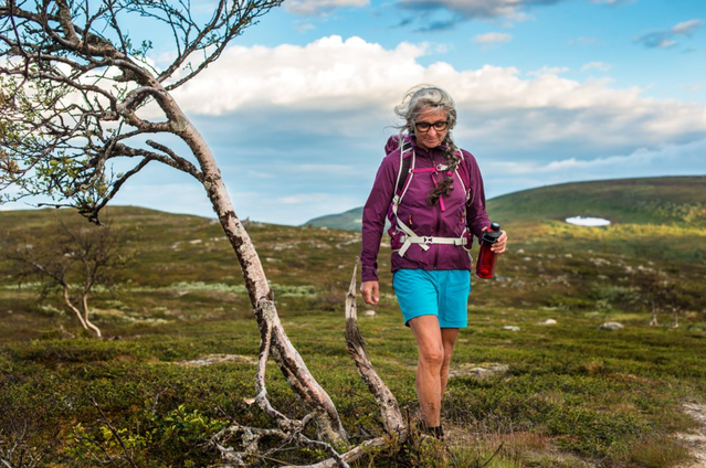 Hiking on the historic route of pilgrim path St Olav Rombo Way at Ramundberget in Funäsfjällen.