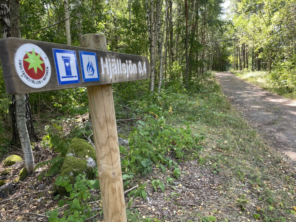 Vägvisare med smultron i förgrunden och grusväg i bakgrunden.
