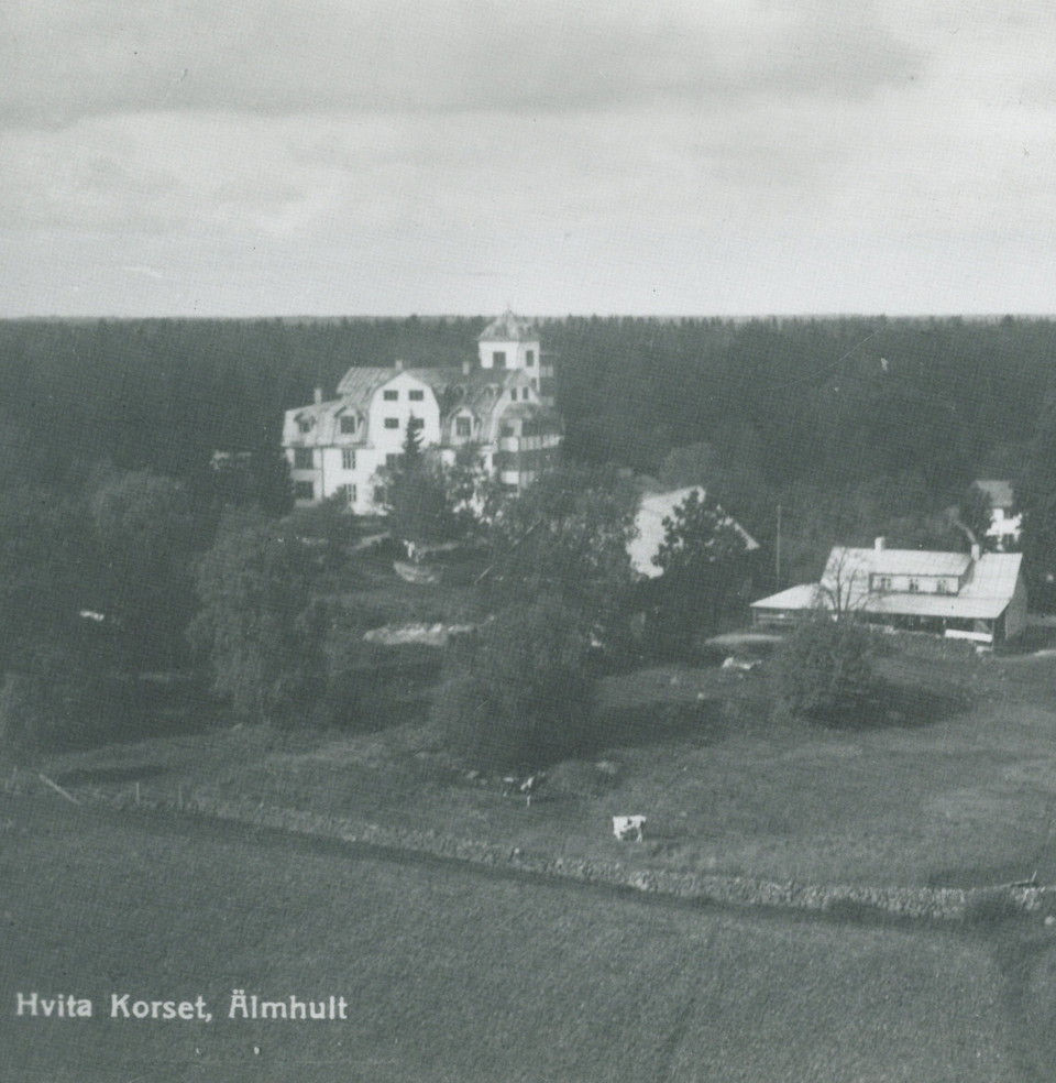 Svartvitt foto på två byggnader med skog runt omkring. Ett av husen har flera våningar och ett torn.