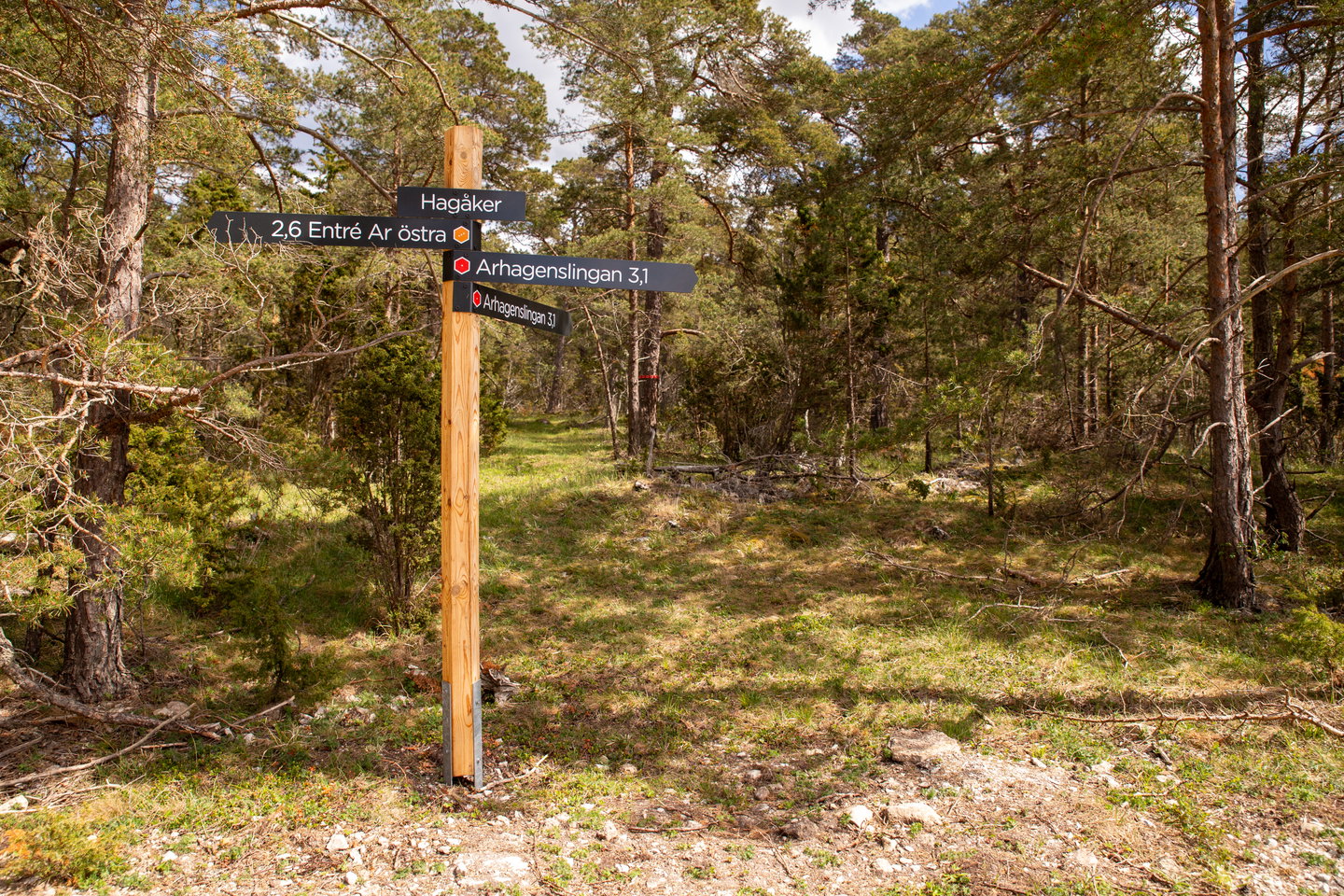Vägvisare över Arhagenslingan och Entré Östra Ar.