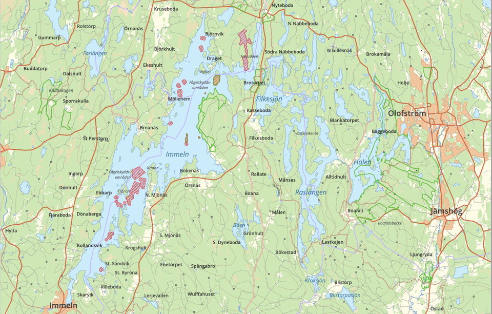 Karta över djurskyddsområdet Immelns öar och öarna i naturreservatet Skärsnäs. Alla är rödrastrerade och har beträdnadsförbud 1 april - 31 augusti. Länk till interaktiv karta finns längre ned.