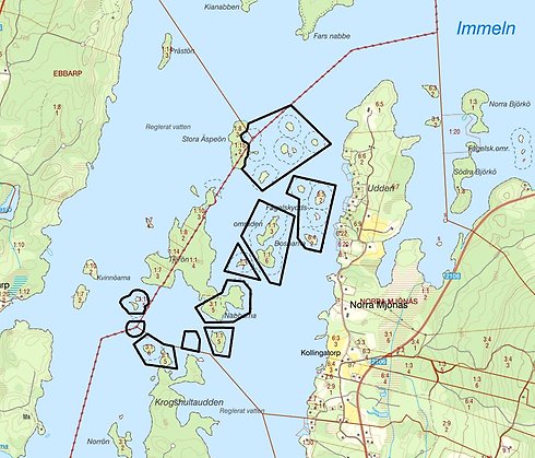 Figur 4. Skala 1:15 000. Heldragen svart linje är gräns för skydd.