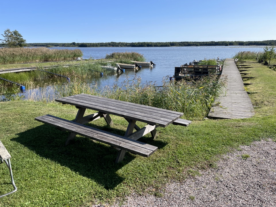 Ett rastbord med fasta bänkar står på en gräsmatta i närheten av vattnet.