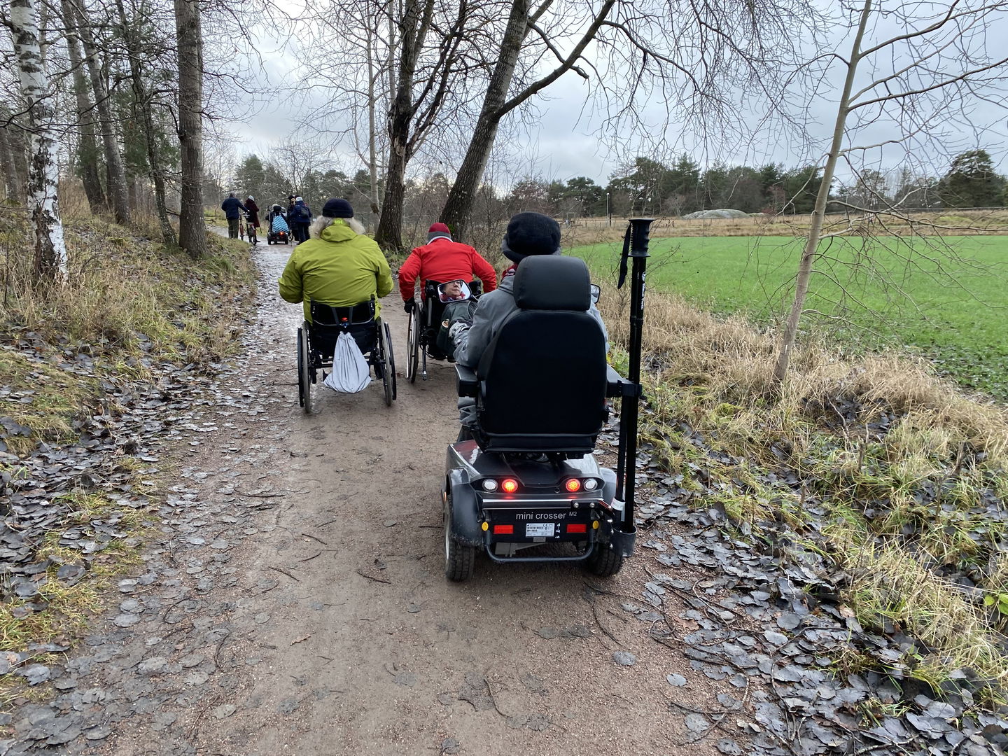 Tre personer i rullstol bakifrån på hårdgjord stig. Höstbild.