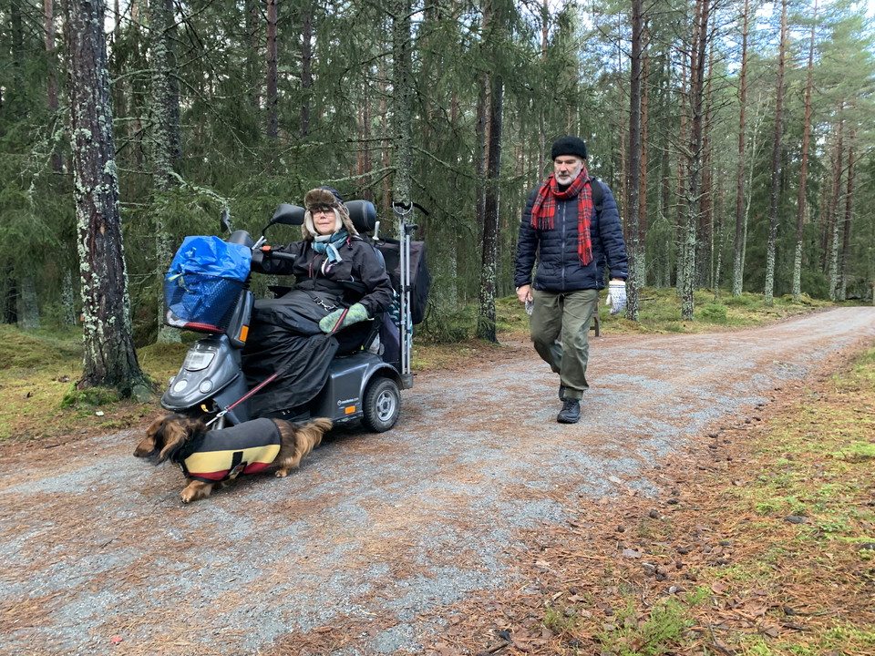 En kvinna i elrullstol med hund i koppel samt en man gående längs stigen.