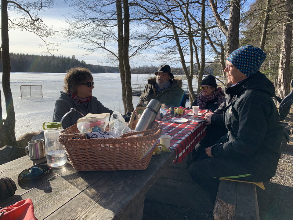 Grupp fikar vid sjö