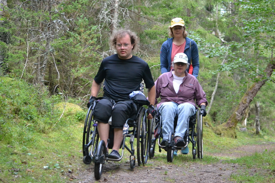 Tre personer på en bred stig i skogen, två använder rullstol.