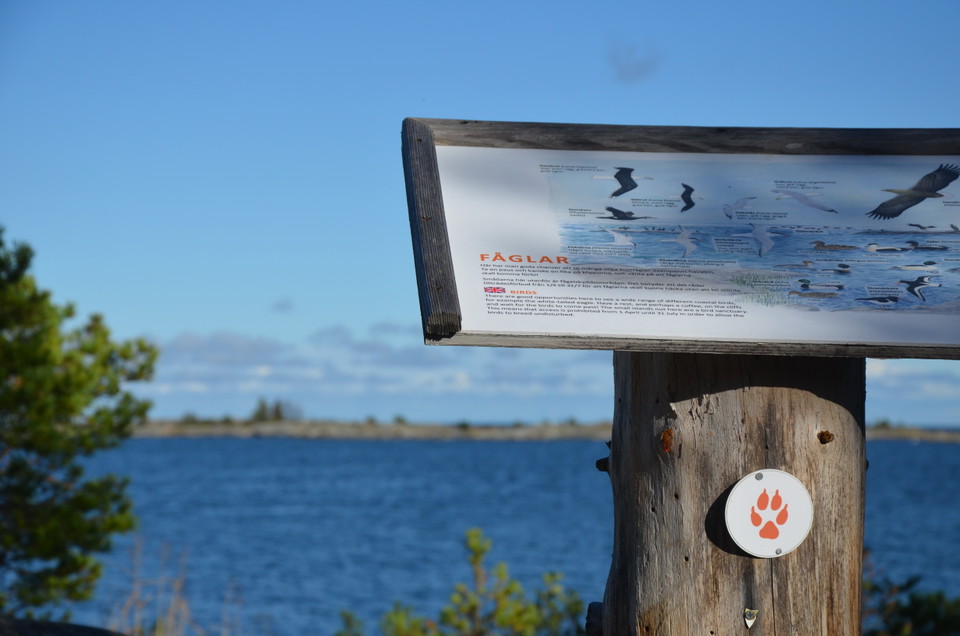 En skylt med fåglar och utsikt mot havet.